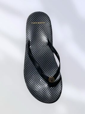 TORY BURCH Sandals Flip Flops TB Gold Logo Black Size 7